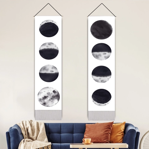 Modern Moon Phase Wall Hanging Tapestry With Tassels Solar Eclipse Art Print For Living Room Bedroom Home Decor
