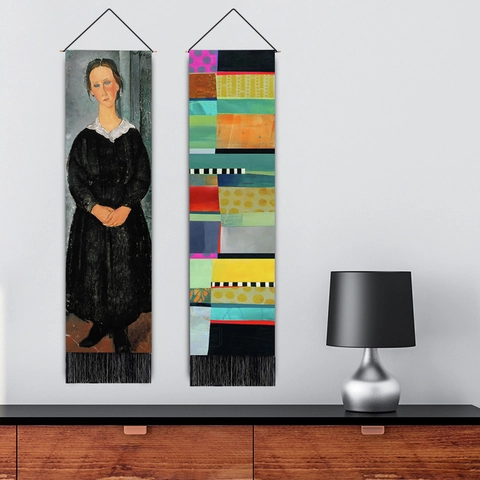Vertical Wall Tapestry Cotton Linen Blend With Tassel Hanging Art Painting For Living Room Nordic Decor Portrait Abstract