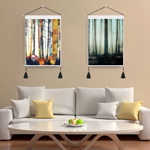 Hangende Wandtapijt Muurdecoratie Natuur Bos Landschap Polyester Katoen Houten Stok Kwastjes Noordse Stijl