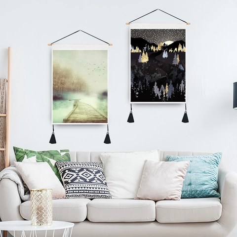 Hangende Wandtapijt Muurdecoratie Natuur Bos Landschap Polyester Katoen Houten Stok Kwastjes Noordse Stijl