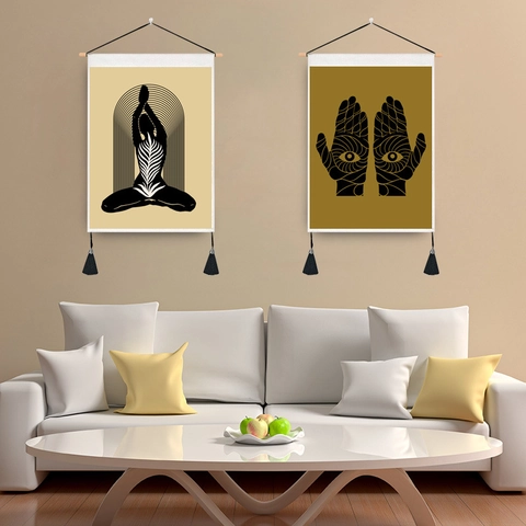 Nordic Minimalist Abstract Art Wall Hanging Tapestry With Wooden Rod Tassel Boho Yoga Meditation Sun Pattern Home Decor Painting