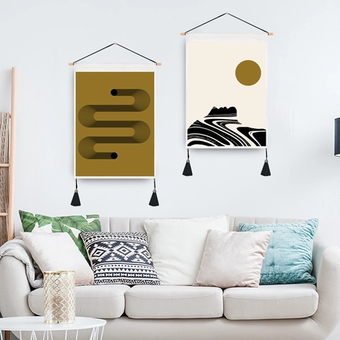 Nordic Minimalist Abstract Art Wall Hanging Tapestry With Wooden Rod Tassel Boho Yoga Meditation Sun Pattern Home Decor Painting