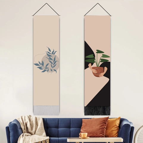 Boho Wall Tapestry Fabric Long Vertical Hanging Art Abstract Geometric Plant Pattern With Wooden Pole Tassel Home Decor