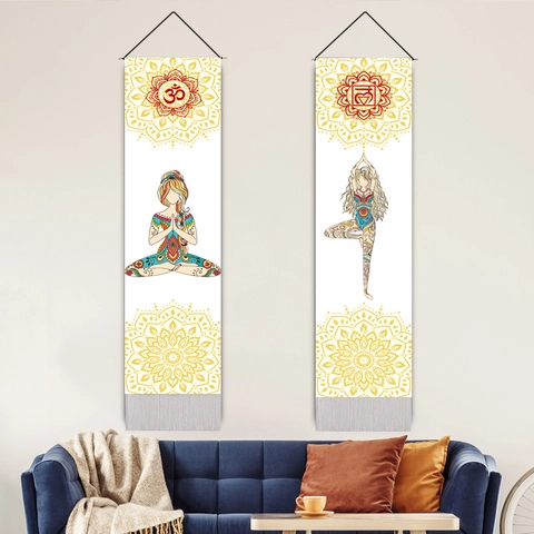 Polyester Cotton Yoga Mandala Wall Tapestry With Wood Rod Tassel Zen Meditation Studio Gym Home Decor Bohemian Scroll Art
