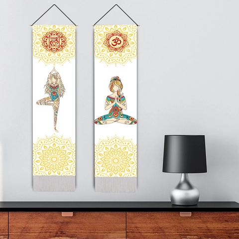 Polyester Cotton Yoga Mandala Wall Tapestry With Wood Rod Tassel Zen Meditation Studio Gym Home Decor Bohemian Scroll Art