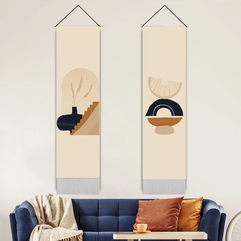 Abstract Geometric Wall Tapestry Cotton Linen With Wooden Pole And Tassel Bohemian Long Narrow Vertical Hanging For Bedroom Living Room