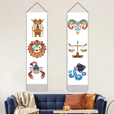 Modern Twelve Constellations Hanging Tapestry Geometric Zodiac Wall Art Decor With Wooden Rod And Tassel Home Decoration