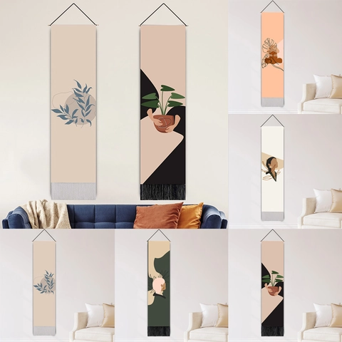 Boho Wall Tapestry Fabric Long Vertical Hanging Art Abstract Geometric Plant Pattern With Wooden Pole Tassel Home Decor