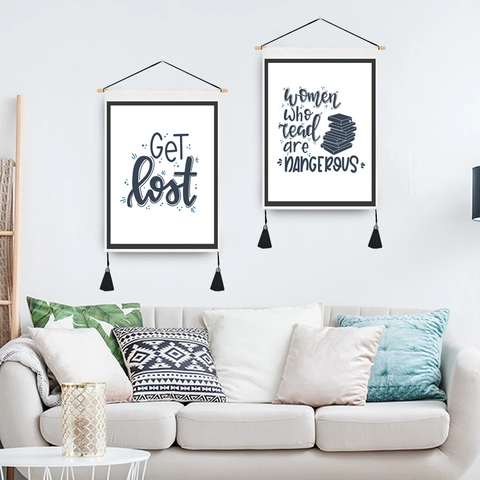 Inspirational English Slogans Wall Hanging Tapestry With Wood Rod And Tassels Polyester Cotton Scroll Art Poster For Library Office Home Decor