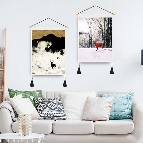 Nordischer Stil Rentier Wald Wandteppich Wandkunst Polyester-Baumwolle Hängerolle Mit Holzstab Und Quasten-Deko Für Wohnzimmer Schlafzimmer