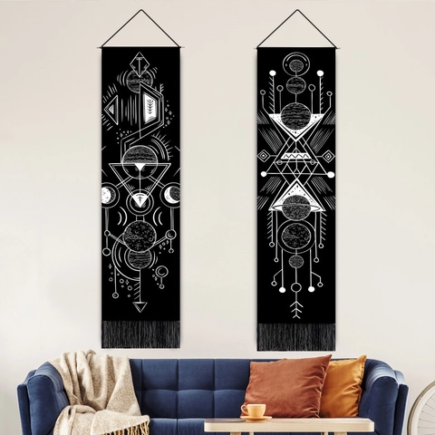 Hanging Tapestry Wall Art Bohemian Polyester Cotton Decorative Banner Wooden Pole Tassels Astrology Sun Moon All Seeing Eye