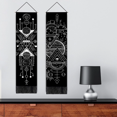 Hanging Tapestry Wall Art Bohemian Polyester Cotton Decorative Banner Wooden Pole Tassels Astrology Sun Moon All Seeing Eye