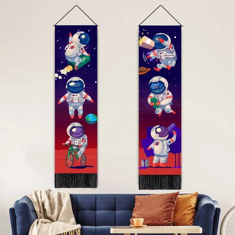 Astronaut Space Theme Wall Tapestry Vertical Hanging Scroll Cotton Linen Fabric With Tassels Wooden Pole For Kids Bedroom Decor