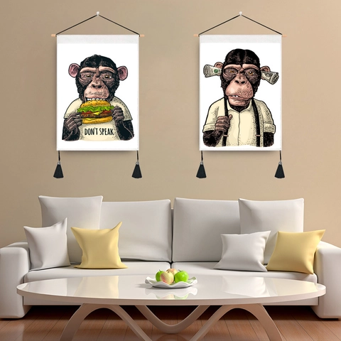 Chimpanzee Gorilla Wall Hanging Tapestry Cotton Polyester With Wood Rod Tassels Vintage Street Art Home Decor