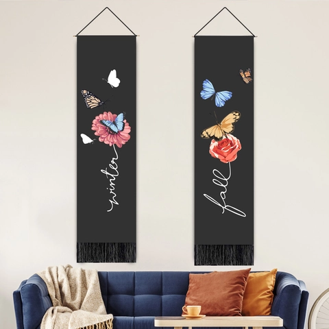 Vlinder Bloem Verticale Wandtapijt Polyester Katoen Muurdecoratie Houten Stok Kwastje Scandinavische Stijl