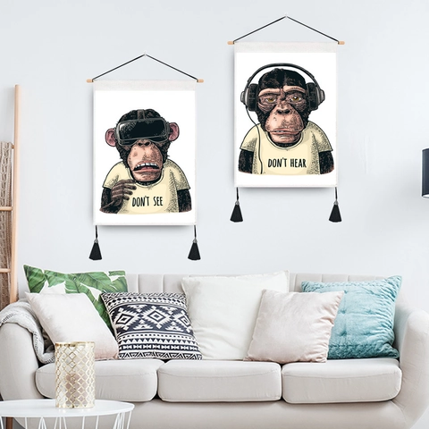 Chimpanzee Gorilla Wall Hanging Tapestry Cotton Polyester With Wood Rod Tassels Vintage Street Art Home Decor