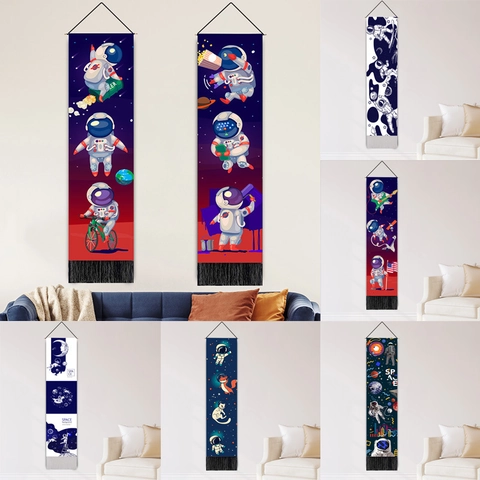 Astronaut Space Theme Wall Tapestry Vertical Hanging Scroll Cotton Linen Fabric With Tassels Wooden Pole For Kids Bedroom Decor