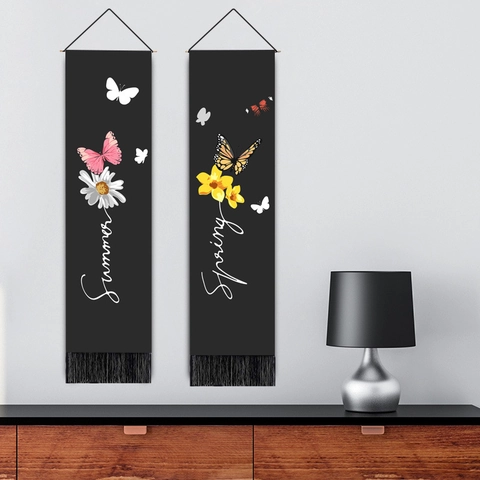 Vlinder Bloem Verticale Wandtapijt Polyester Katoen Muurdecoratie Houten Stok Kwastje Scandinavische Stijl