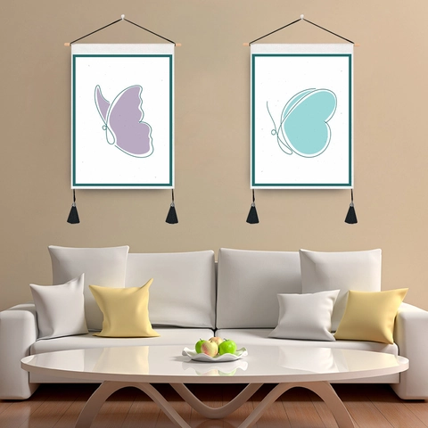 Modern Minimalist Butterfly Wall Tapestry Hanging Painting With Wood Pole And Black Tassels Decorative Home Art Scroll