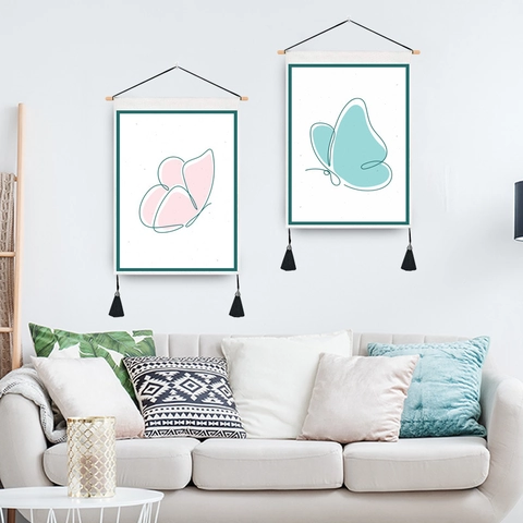 Modern Minimalist Butterfly Wall Tapestry Hanging Painting With Wood Pole And Black Tassels Decorative Home Art Scroll