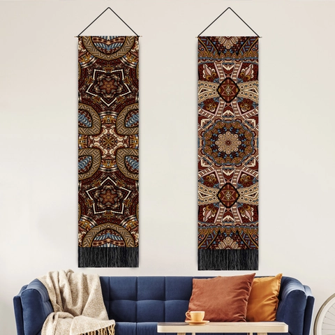Mandala Hanging Tapestry Bohemian Polyester Cotton Wall Decor With Wood Rod And Tassels Ethnic Style Printed Room Art