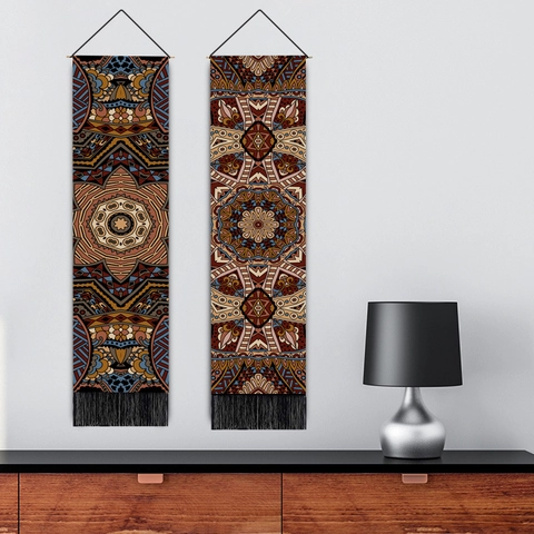Mandala Hanging Tapestry Bohemian Polyester Cotton Wall Decor With Wood Rod And Tassels Ethnic Style Printed Room Art