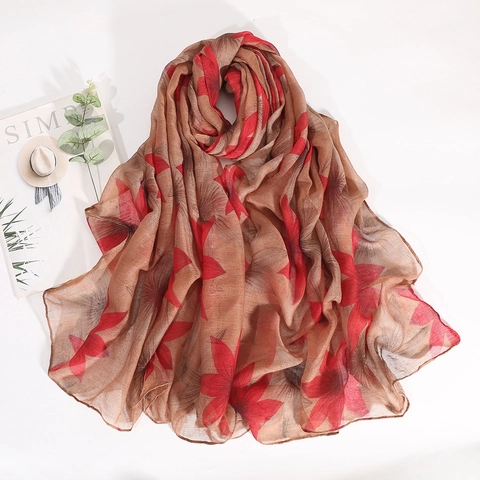 Women Retro Floral Print Bali Yarn Scarf Large Flower Polyester Shawl Lightweight Breathable Sun Protection Wrap Elegant Fashion Accessories