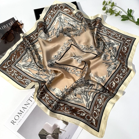 Vintage Floral Print Τετράγωνο Μαντήλι Satin Polyester Bandana Μαλλιών Elegant Baroque Neck Wrap Για Γυναίκες