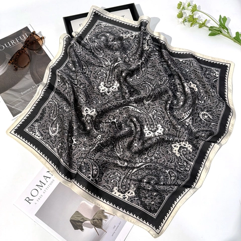 Retro Paisley Floral Print Square Satin Scarf Women Vintage Imitation Satin Satin Neck Head Bandana Hair Accessory