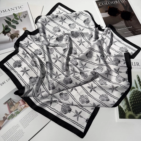 Elegant Square Scarf For Women Satin Polyester Printed Nautical Shell Floral Pattern Neck Head Accessory Fashion