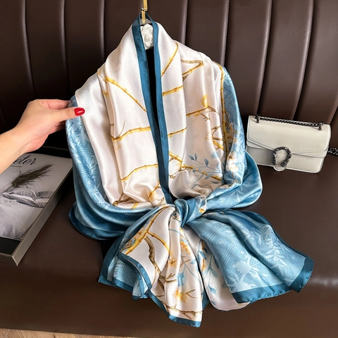 Vintage Chinese Stijl Magnolia Bloemenprint Satijnen Sjaal Voor Dames Lange Satijnachtige Elegante Sjaal Lichtgewicht