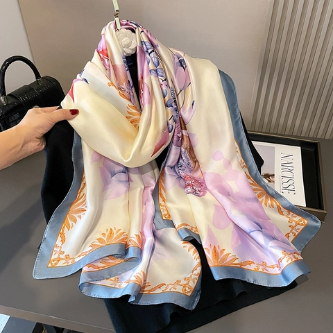 Sciarpa Elegante In Raso Effetto Raso Grande Stampa Floreale Motivo Cervo Scialle Lungo Protezione Solare Per Donna