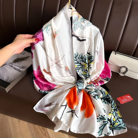 Bufanda Larga De Satén Con Estampado De Peonía Estilo Chino Retro Chal De Protección Solar Para Mujeres Sensación Satén