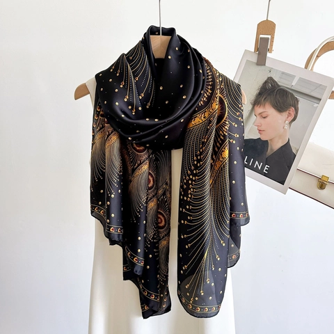 Vintage Pfauenfeder Druck Satin Schal Damen Elegant Lang Satinnartig Schultertuch Mode Sonnenstrahl Muster Wrap
