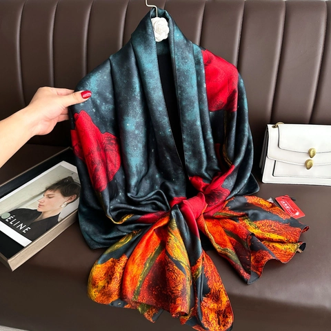 Sciarpa Lunga In Raso Con Stampa Rose Vintage Elegante Scialle Protezione Solare Per Donna Foulard Di Raso Leggero