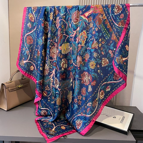 Sciarpa Quadrata In Raso Con Stampa Floreale Etnica Retrò Scialle Protezione Solare Da Donna Vintage Bohémien Motivo Pavone
