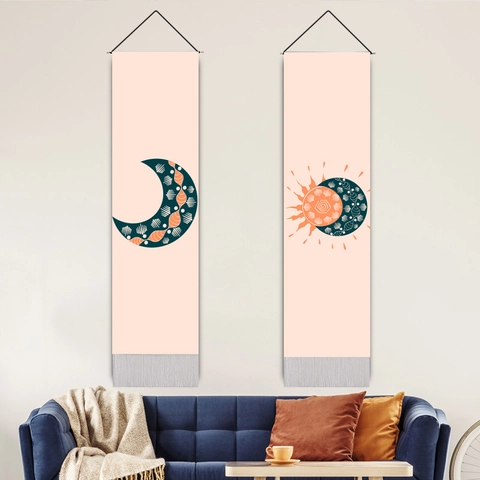 Tapiz De Pared Largo Mezcla Algodón Lino Abstracto Geométrico Luna Sol Decoración Boho Con Varilla Madera Borlas