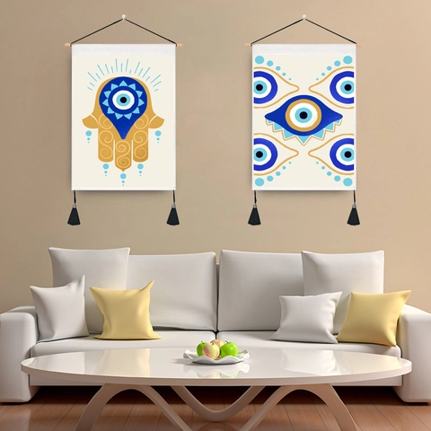 Evil Eye Hamsa Hand Wall Tapestry With Wooden Pole Polyester Fabric Hanging Art Ethnic Boho Home Decor Living Room
