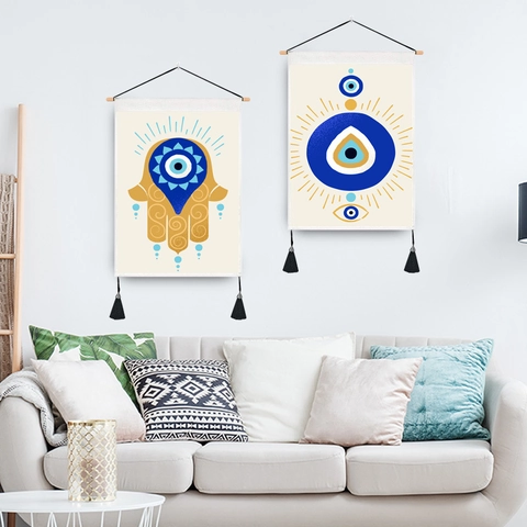 Evil Eye Hamsa Hand Wall Tapestry With Wooden Pole Polyester Fabric Hanging Art Ethnic Boho Home Decor Living Room