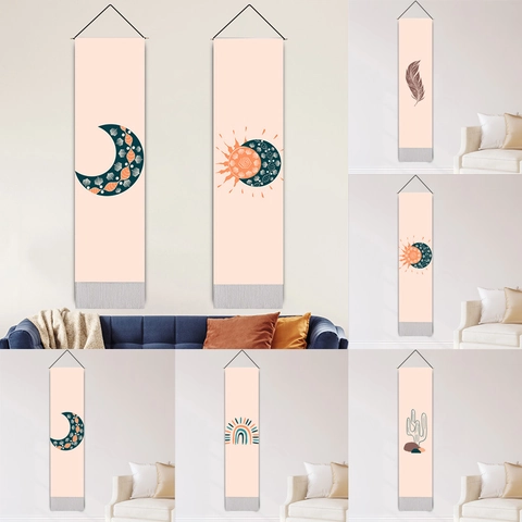 Tapiz De Pared Largo Mezcla Algodón Lino Abstracto Geométrico Luna Sol Decoración Boho Con Varilla Madera Borlas