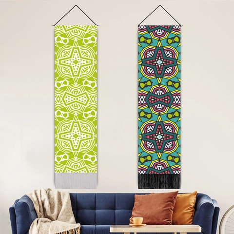 Long Wall Hanging Tapestry Cotton Linen Geometric Pattern Tassels Wooden Pole Rope Bohemian Ethnic Style Home Decor