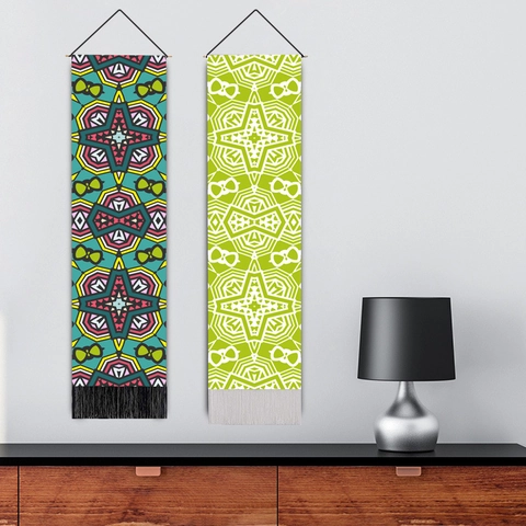 Long Wall Hanging Tapestry Cotton Linen Geometric Pattern Tassels Wooden Pole Rope Bohemian Ethnic Style Home Decor