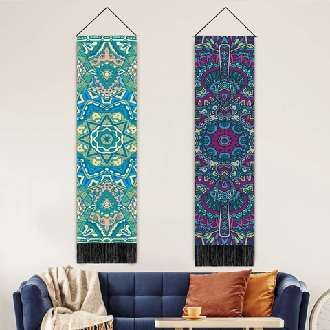 Long Mandala Tapisserie Wandbehang Böhmisches Geometrisches Muster Polyester Baumwolle Stoff Kunst Mit Holzstab Und Quasten