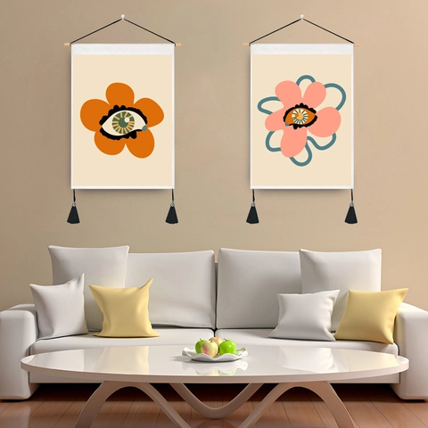 Arazzo Da Parete Con Fiori Astratti Con Asta In Legno E Nappine Murale In Tessuto Stile Nordico Per Arredamento Camera