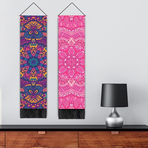 Long Mandala Tapisserie Wandbehang Böhmisches Geometrisches Muster Polyester Baumwolle Stoff Kunst Mit Holzstab Und Quasten