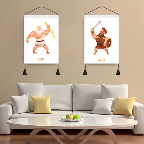 Ancient Greek Gods Cartoon Wall Tapestry Polyester Cotton Hanging Painting With Wooden Pole Tassels Home Decor Mural Mural Art