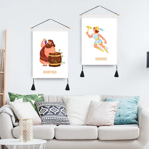 Ancient Greek Gods Cartoon Wall Tapestry Polyester Cotton Hanging Painting With Wooden Pole Tassels Home Decor Mural Mural Art
