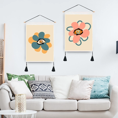 Arazzo Da Parete Con Fiori Astratti Con Asta In Legno E Nappine Murale In Tessuto Stile Nordico Per Arredamento Camera