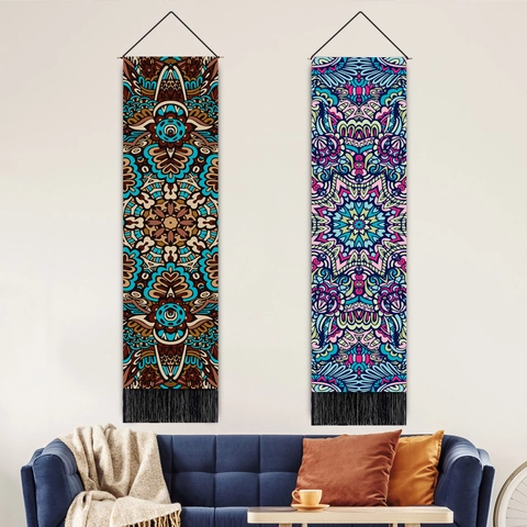 Mandala Wall Hanging Tapestry Polyester Cotton Printed Vertical Bohemian Ethnic Home Decor Wooden Rod Tassels