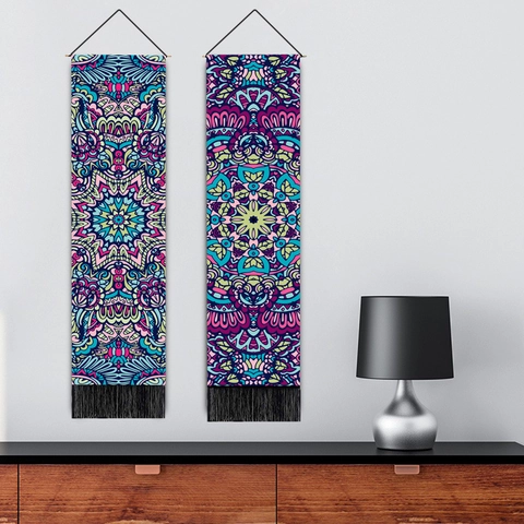 Mandala Wall Hanging Tapestry Polyester Cotton Printed Vertical Bohemian Ethnic Home Decor Wooden Rod Tassels